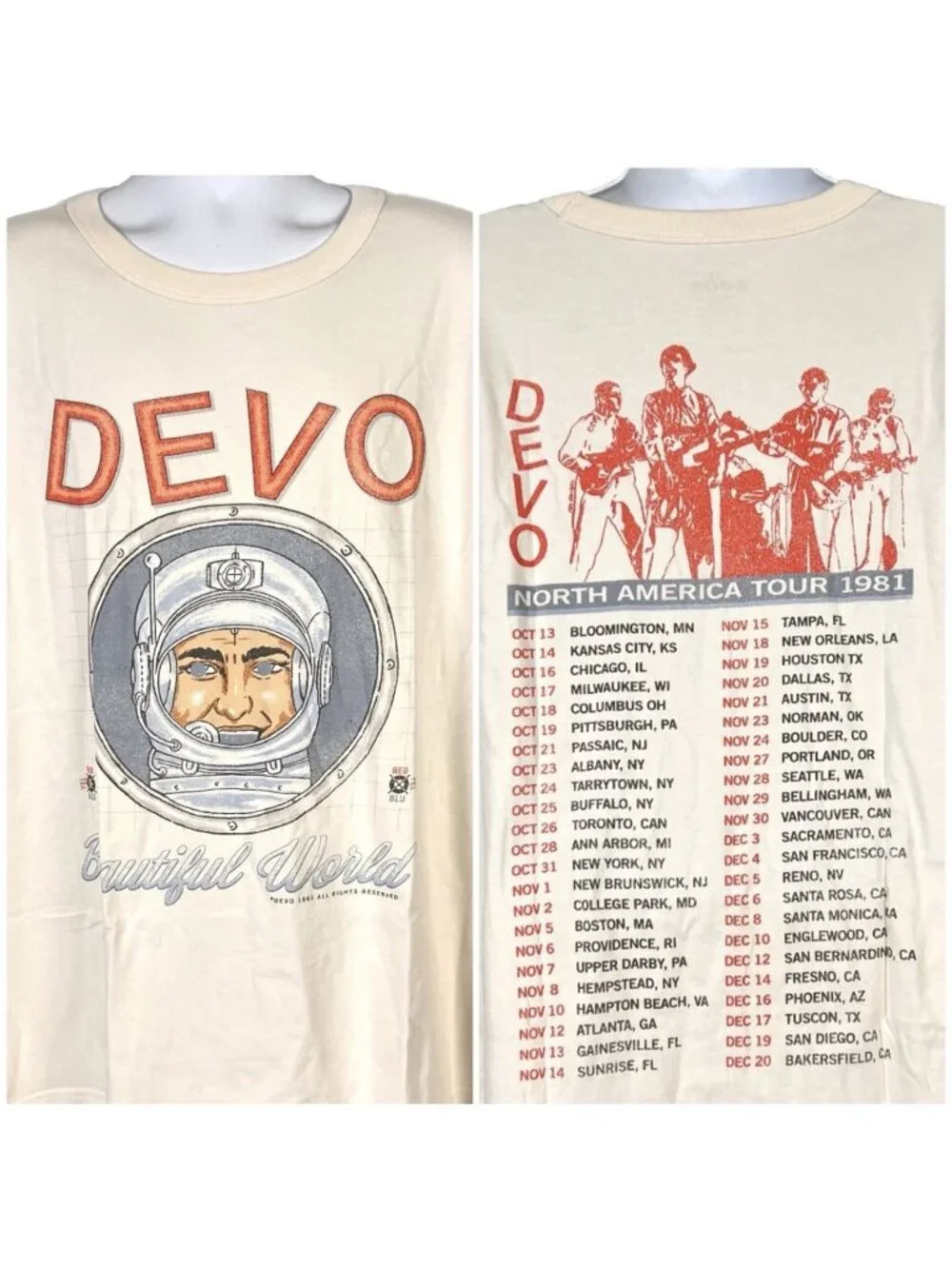 Devo 1981 Tour Retro Tribute Mens Lee T-Shirt size Medium 43x28 Beautiful World